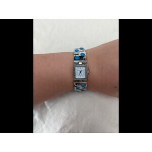 Vintage Geneva Watch Square Face Metal Band Faux Turquoise 6.5in Working